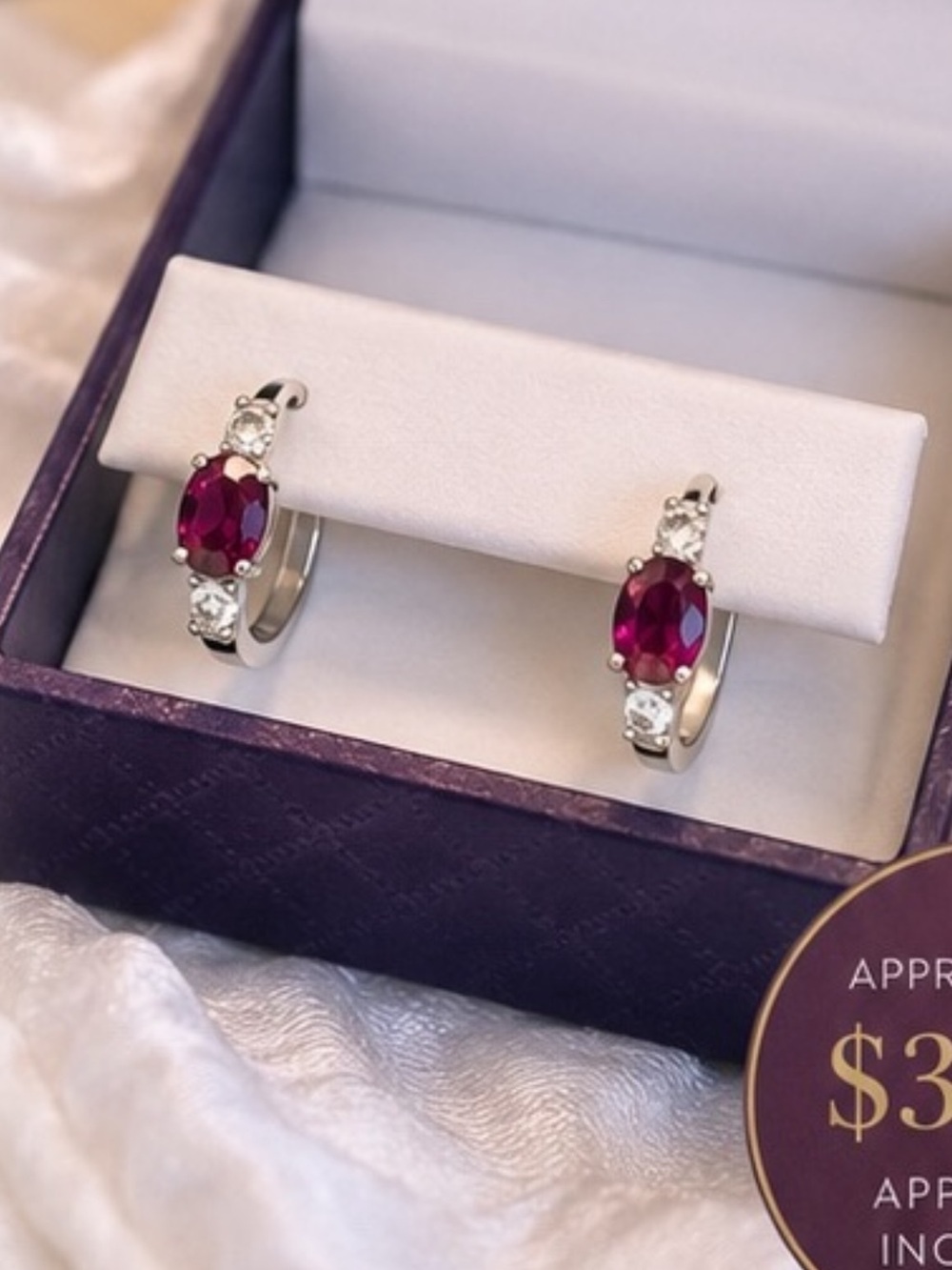 Ruby and Diamond Hoop Earrings in Deep Red